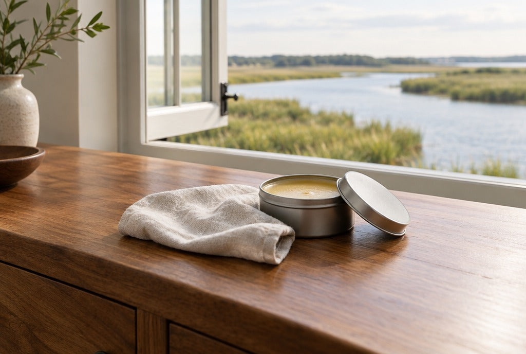 A soft cloth and a tin of furniture wax on a solid wood console top by an open window with river marsh beyond