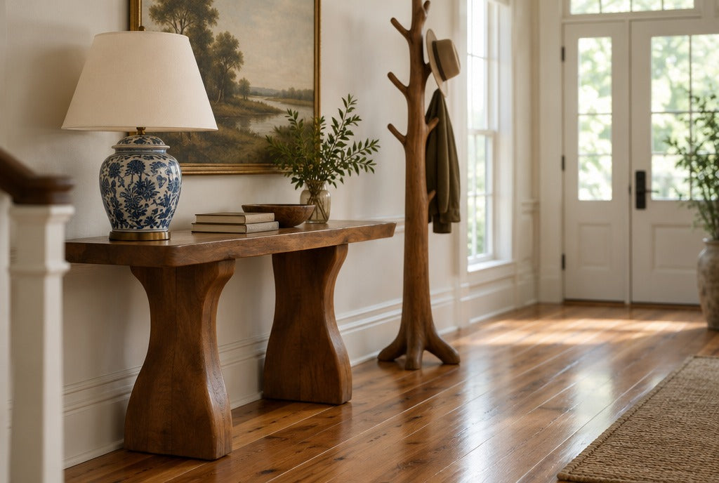 A sculpted solid wood console table with a lamp and a ginger jar beside a tree coat rack in a Southern entry hall with heart pine floors
