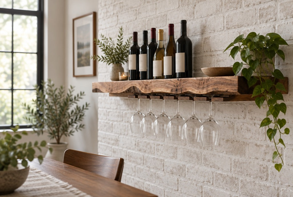 A live-edge solid wood floating wine shelf holding bottles and stemware on a whitewashed brick wall in a cozy dining room