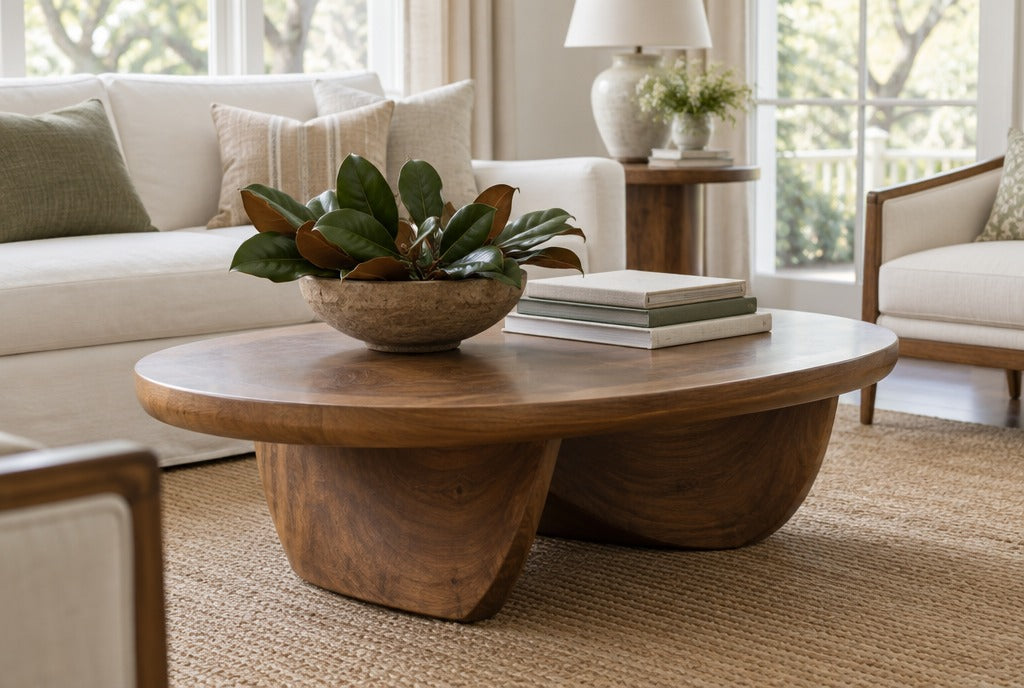 A sculpted solid wood coffee table with a curved base, a bowl of magnolia leaves and books on a sisal rug in a bright Southern living room