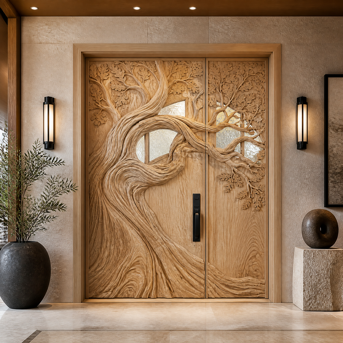 Aurelthorn Sculpted Solid Wood Single Door With Panel