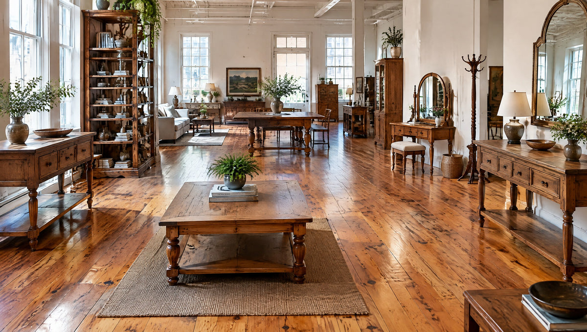 Inside a furniture hall with heart pine floors and newly built vintage-inspired solid wood pieces