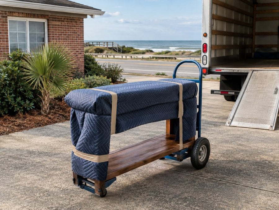 A blanket-wrapped solid wood console on a hand truck beside a box truck in eastern North Carolina